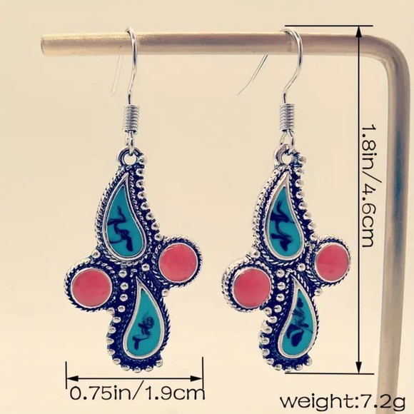 Coral and Turquoise Eclectic Water Drop Earrings - Picture 2 of 3